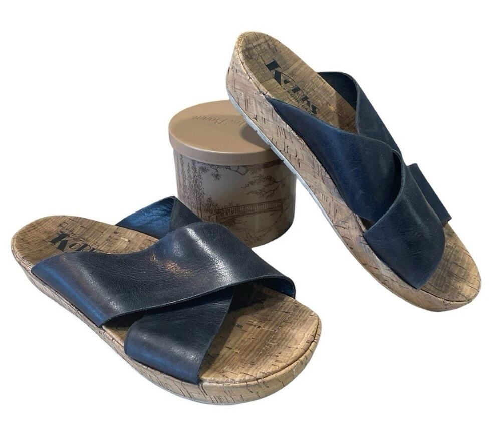 Korks Tutsi Cross Band Sandals Size 6 M Black Leather Slip On Slides